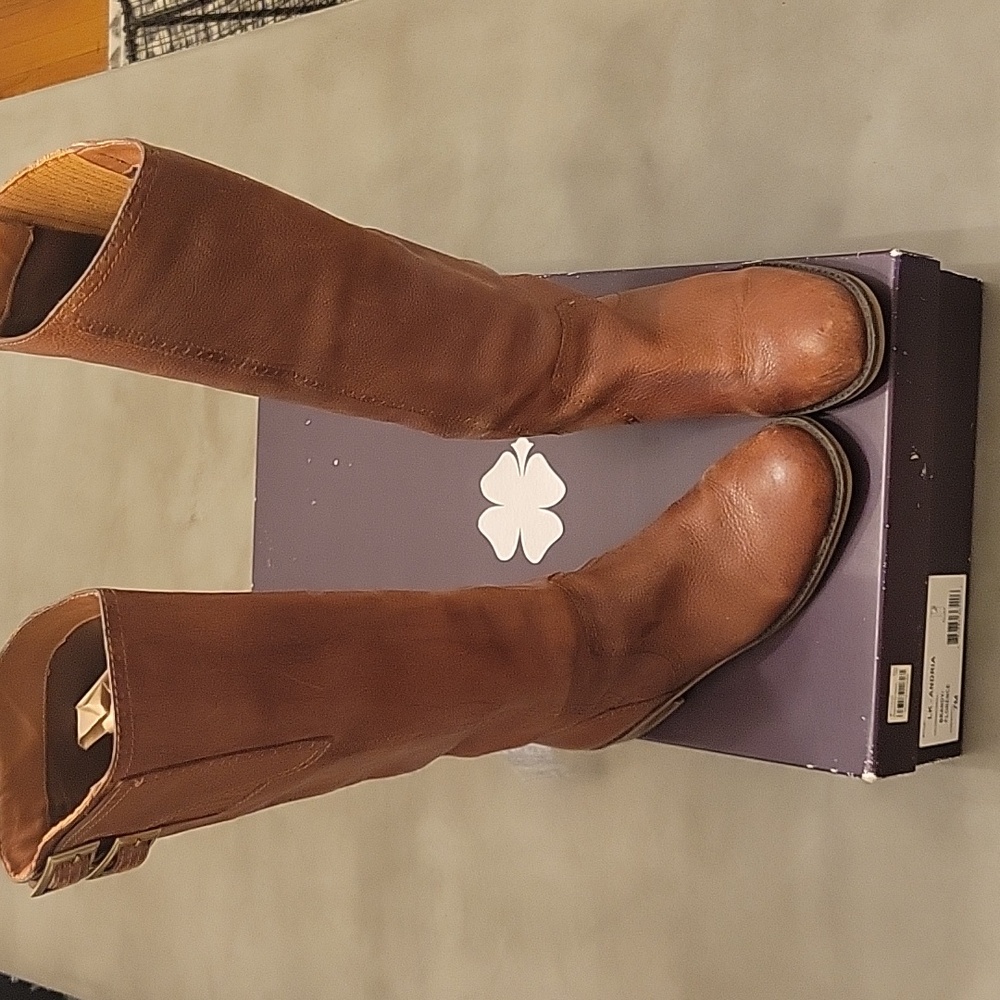 Lucky Brand Andria Tall Double Buckle Brown Leather Heeled Boots Size 7